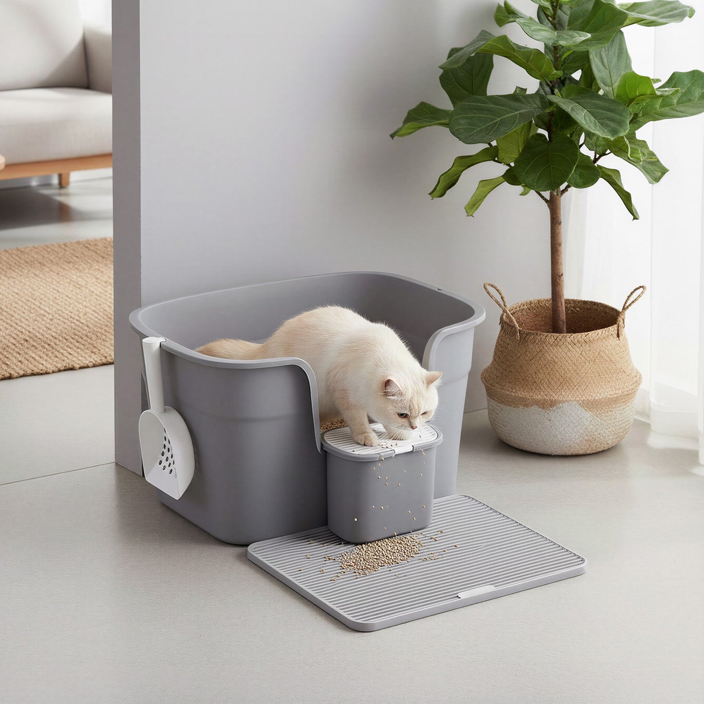 Extra Grote Kattenbak Met Hoge Zijwanden - Inclusief Gritmat En Opbergbox - Compleet Set