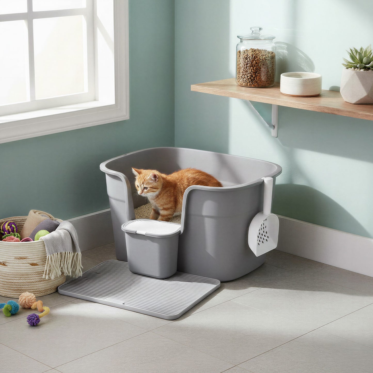 Extra Grote Kattenbak Met Hoge Zijwanden - Inclusief Gritmat En Opbergbox - Compleet Set