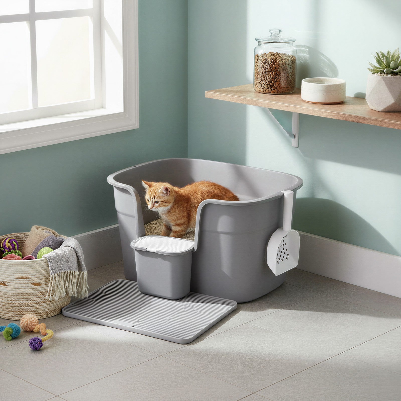 Extra Grote Kattenbak Met Hoge Zijwanden - Inclusief Gritmat En Opbergbox - Compleet Set