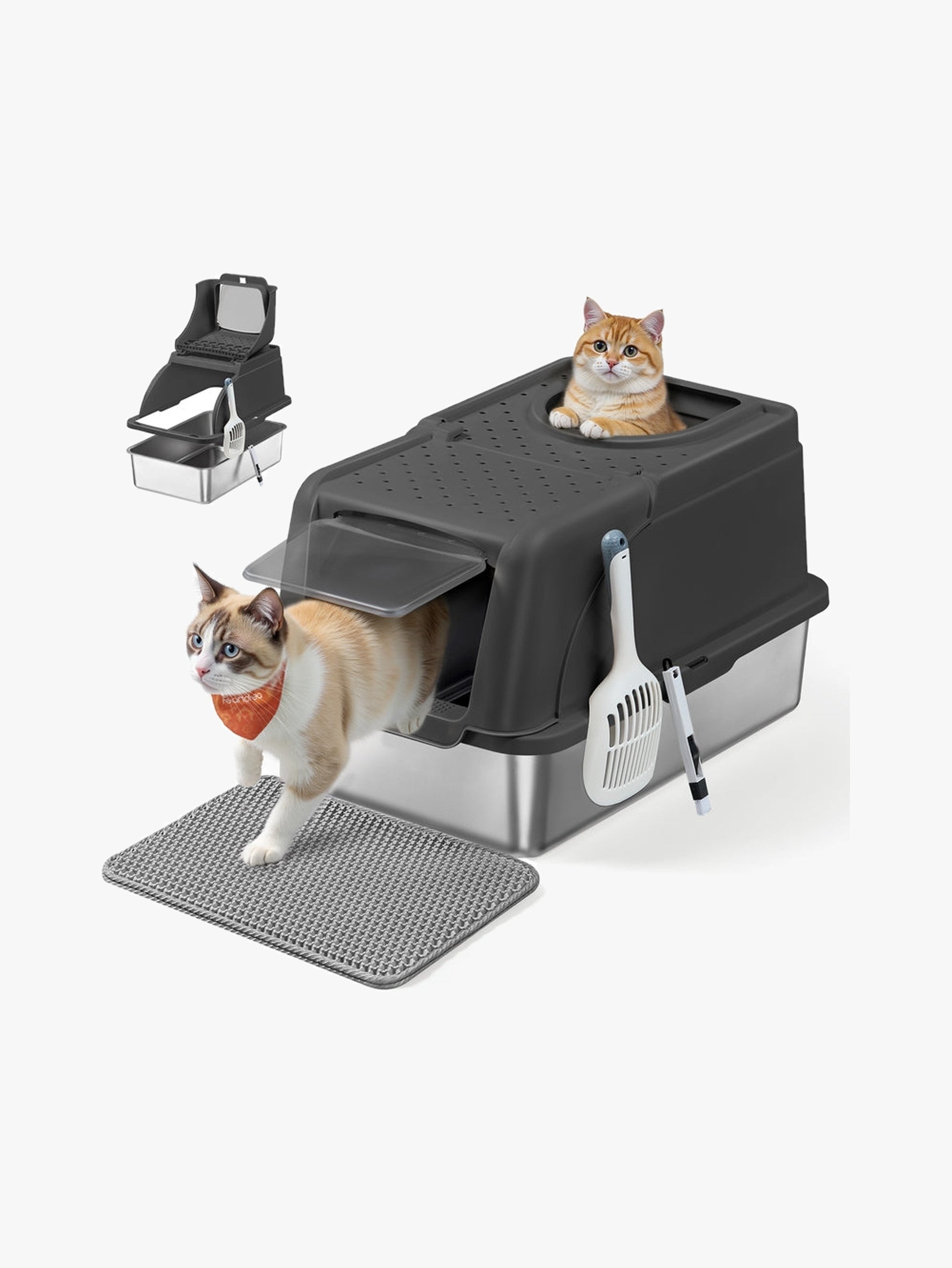RVS Kattenbak Met Verhoogde Rand - Lekvrij Ontwerp - Inclusief Schep En Borstel