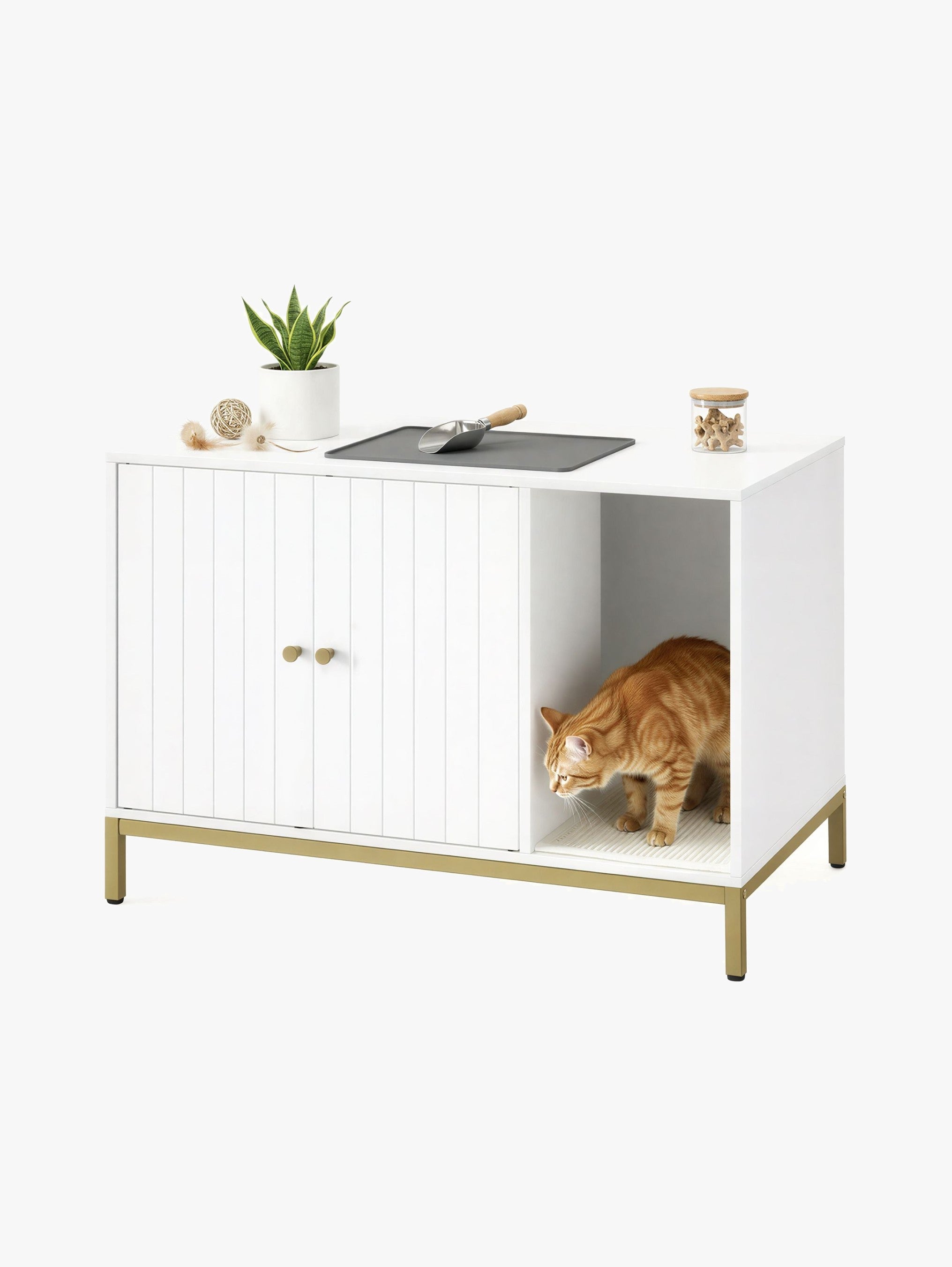 Kattenbakmeubel Met Gouden Accenten - Stalen Frame - Multifunctionele Kast
